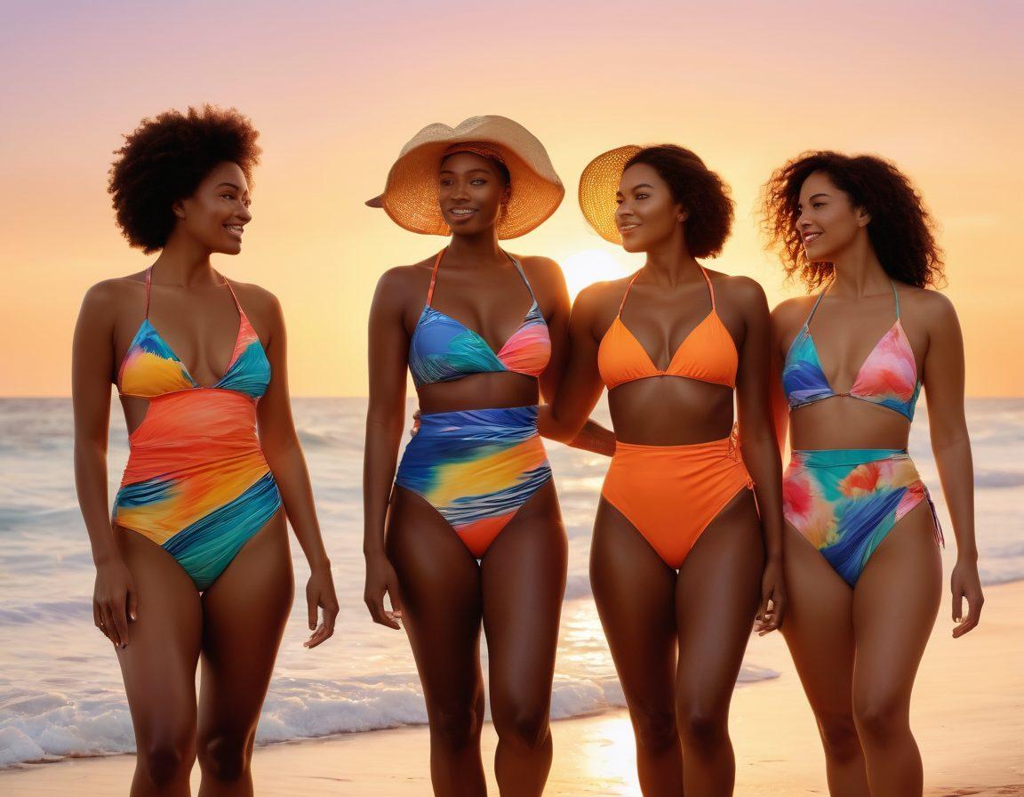A stylish beach scene showcasing individuals confidently wearing a variety of risque swim and beachwear, with a vibrant sunset backdrop. Include diverse body types and ethnicities to reflect inclusivity, surrounded by playful beach accessories like colorful beach towels and umbrellas. Artists’ brushstrokes should give a lively and artistic feel, capturing the essence of freedom and confidence in swimwear fashion. super-realistic. vibrant colors. 3D.